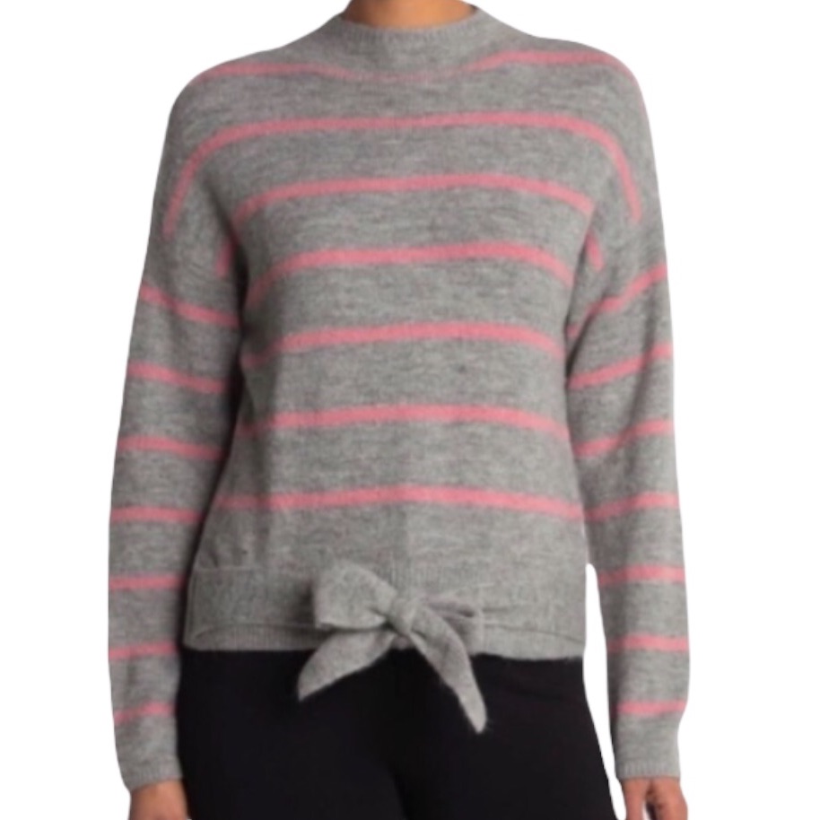 Wayf Grey Pink Bow Tie Hem Striped Long Sleeved Sweater Xs/Xl New